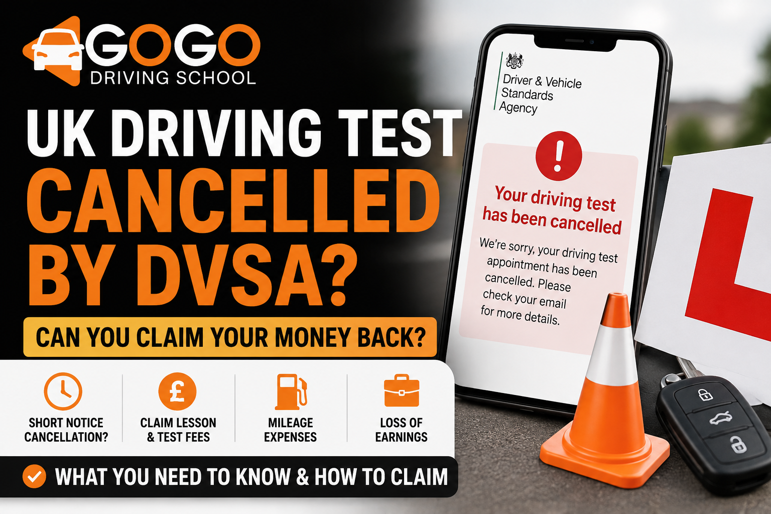 GoGo Driving School UK driving test cancelled by DVSA – compensation and expense claims